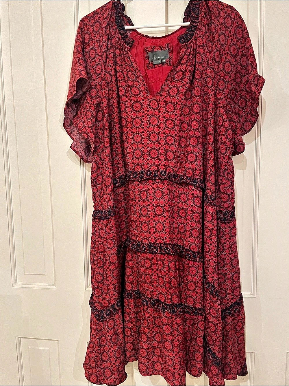 Anthropologie Printed Tiered Midi Dress in Red & Black Size 2X Like New